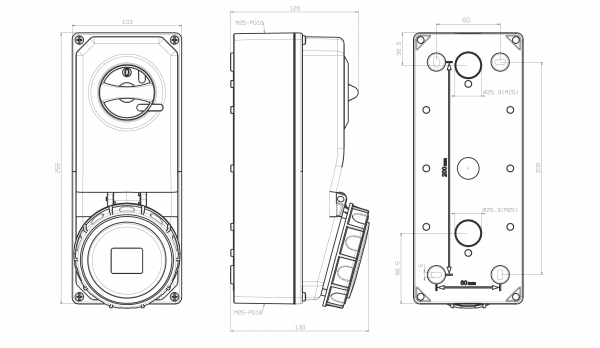 CEE Schaltersteckdose 5x32A IP65 mit Interlock abschaltbar
